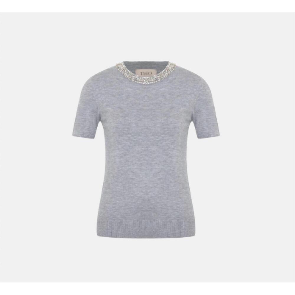 NEW THEO THE LABEL women's jewel neck sweater tee in heather grey